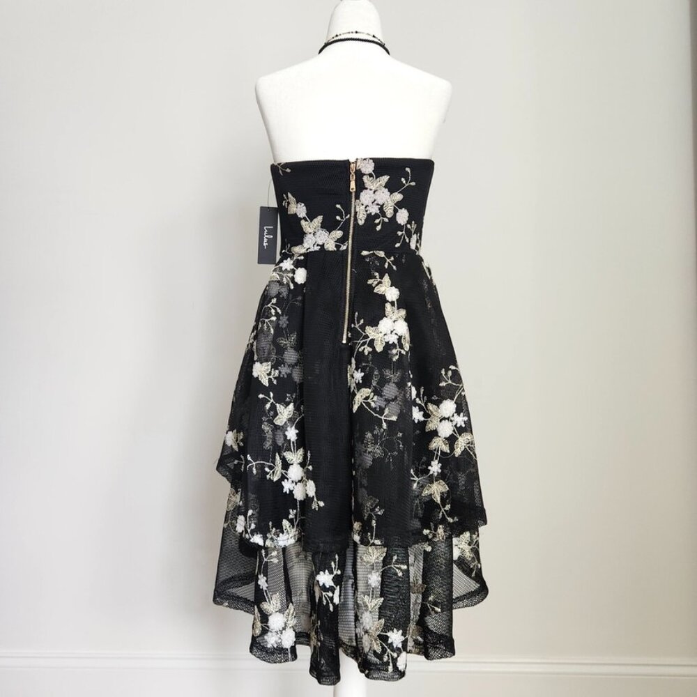 Lulus How Sweet Black Embroidered Strapless Mesh Tiered Mini Dress Small NWT - Picture 3 of 16
